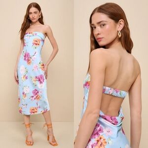 NWOT Lulu's Sophisticated Design Light Blue Floral Strapless Midi Dress